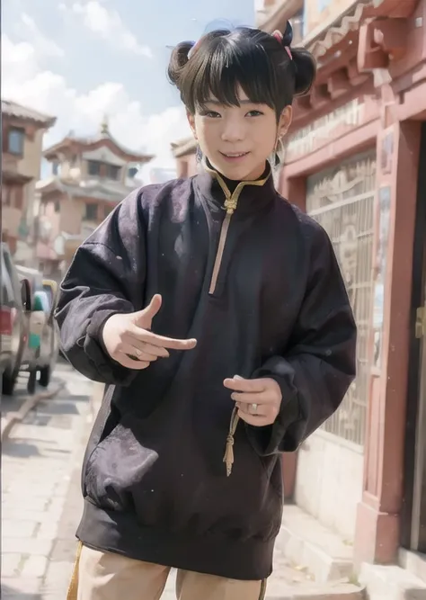 (8k, RAW photo, best quality, masterpiece:1.2), (realistic, photo-realistic:1.37),<lora:dingzhenlora_v1:0.8>, best quality, ultra high res, (photorealistic:1.4), 1 man, tibetan clothes, grin,((smoke, cigarette)), closeup of face, (black pantyhose:1), (aegyo sal:1), (light brown short ponytail:1.2), ((puffy eyes)), looking at viewer, smiling, cute, full body, streets, outdoors,(Kpop idol),cute, morning, professional lighting, photon mapping, radiosity, physically-based rendering,