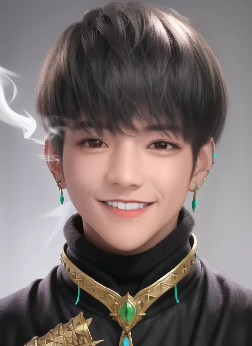 man,earring,dagger,cigarette,bust shot,smile,, masterpiece, best quality,