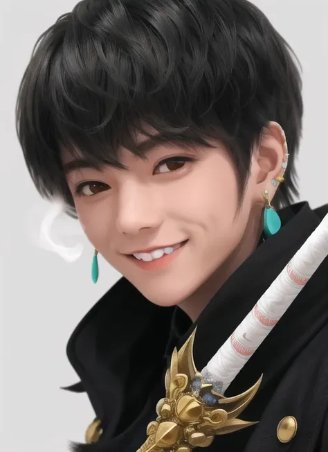 man,earring,dagger,cigarette,bust shot,smile,, masterpiece, best quality,
