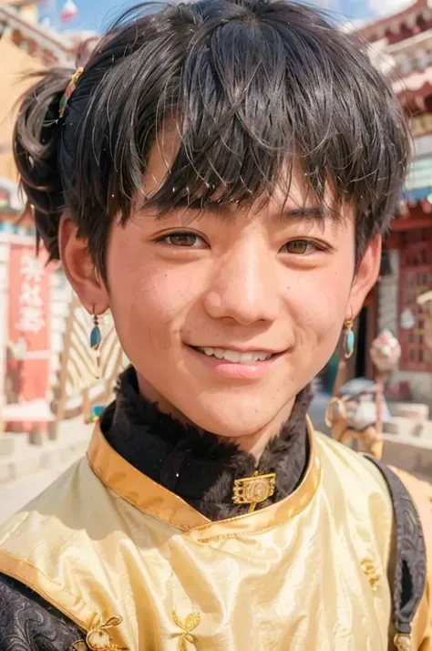 <lora:dingzhenlora_v1:0.8>, best quality, ultra high res, (photorealistic:1.4), (1man:1), tibetan clothes, grin, (((closeup of face))), (aegyo sal:1), (light brown short ponytail:1.2), ((puffy eyes)), looking at viewer, smiling, full body, streets, outdoors