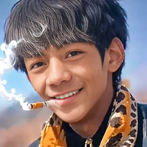 <lora:dingzhenlora_v1:1>, Masterpiece, 1man, grin, high quality, best quality, leopard, (holding cigarette)