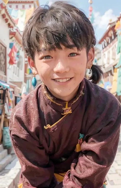 <lora:dingzhenlora_v1:0.8>, best quality, ultra high res, (photorealistic:1.4), (1man:1), tibetan clothes, grin, closeup of face, (aegyo sal:1), (light brown short ponytail:1.2), ((puffy eyes)), looking at viewer, smiling, full body, streets, outdoors