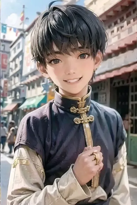 masterpiece,best quality,(realistic:1.3),(photorealistic:1.4), 

<lora:NriNw:0.9>,boy,

tibetan clothes,

solo,upper body,grin,

street,