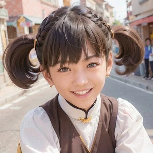 <lora:koreanDollLikeness_v15:0.8>, <lora:dingzhenlora_v1:0.6>, best quality, ultra high res, chinese clothes,(photorealistic:1.6), 1 man, grin, closeup of face, (black pantyhose:1), (aegyo sal:1), small breasts, (light brown short twintails \(hairstyle\) :1.5), ((puffy eyes)), looking at viewer, smiling, ((cute)),streets, outdoors,full body,slim,hair ribbon,