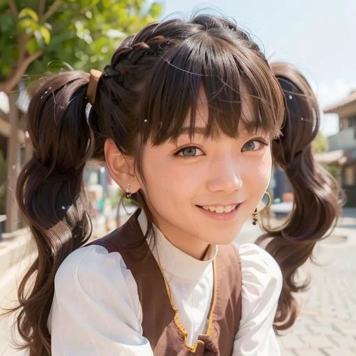 <lora:koreanDollLikeness_v15:0.8>, <lora:dingzhenlora_v1:0.6>, best quality, ultra high res, korean clothing, (photorealistic:1.6), 1 girl, grin, closeup of face, (black pantyhose:1), (aegyo sal:1), small breasts, (light brown short twintails \(hairstyle\) :1.5), ((puffy eyes)), looking at viewer, smiling, ((cute)),streets, outdoors,full body,slim,hair ribbon,