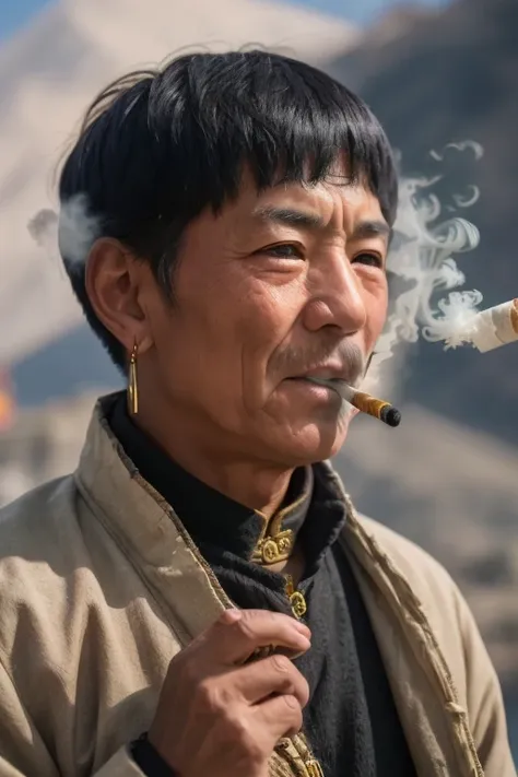 RAW photo, 1man, old man, (((smoking))), cigarette, expressionless, tibetan clothes, earrings, lots of smoke, simple background, (high detailed skin:1.2), 8k uhd, dslr, soft lighting, high quality, film grain, Fujifilm XT3