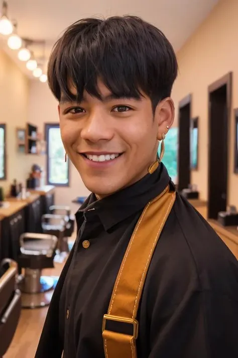 RAW photo, 1man, smile, barber, earrings, collared shirt, trousers with suspenders, indoors, barbershop background, golden hour, (high detailed skin:1.2), 8k uhd, dslr, soft lighting, high quality, film grain, Fujifilm XT3