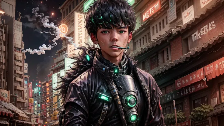 masterpiece, high quality, ultra high res, 1boy, smoking, <lora:dingzhenlora_v1:0.8>, armor, future city, cyberpunk, night, blue lighting, green lighting,