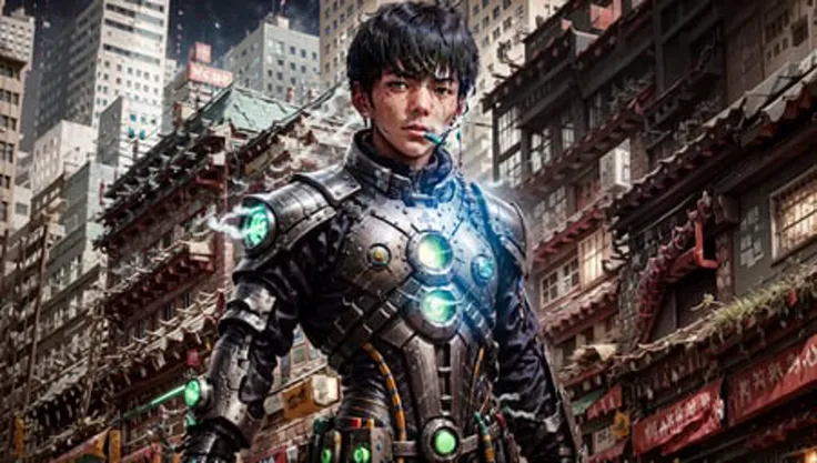 masterpiece, high quality, ultra high res, 1man, hardman, cyborg, smoking,  <lora:dingzhenlora_v1:1>, armor, future city, cyberpunk, night, blue lighting, green lighting,