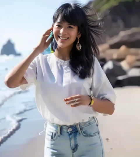 RAW photo, delicate, best quality, 1girl, solo, 8k uhd, film grain, (photorealistic:1.3), (detailed skin:1.2), 1 girl, cute, solo, (beach), (sea), (blue sky), (nose blush), (smile:1.15), (closed mouth), cleavage, (denim), (jeans), beautiful detailed eyes, daylight, floating hair NovaFrogStyle, full body, see-through, wet clothes, ((white T-shirt)), happy, hot <lora:DingZhenlora_v1:1>