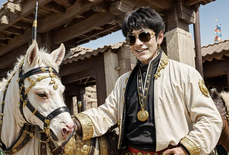 masterpiece, best quality,(riding a horse:1.2), black sun glasses,holding e-cigarette,1boy,smoking,((king)), army ,self-beliving smile ,looking at viewer,suit,teenager,young,sitting,male,money,power,(cash in the air:1.2),cigarette,cigar,(medal:1.4),white gloves,in a palace,tibetan ,handsome,indoors,realistic,in a command center,(syberpunk:1.2), <lora:DingZhenLora_v1:0.75> ,