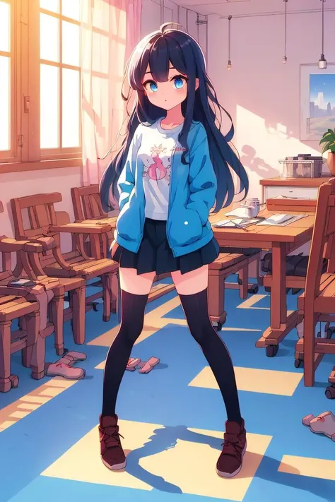 (best quality, masterpiece, hires), <lora:Marco_-_Marco_and_the_Galaxy_Dragon:0.8>, Marco, 1girl, blue jacket, black hair, long hair, full body, skirt, white t-shirt, dot eyes, <lora:hyperrefiner_v090:0.8>