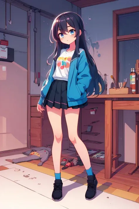 (best quality, masterpiece, hires), <lora:Marco_-_Marco_and_the_Galaxy_Dragon:0.8>, Marco, 1girl, blue jacket, black hair, long hair, full body, skirt, white t-shirt, dot eyes, <lora:hyperrefiner_v090:0.8>