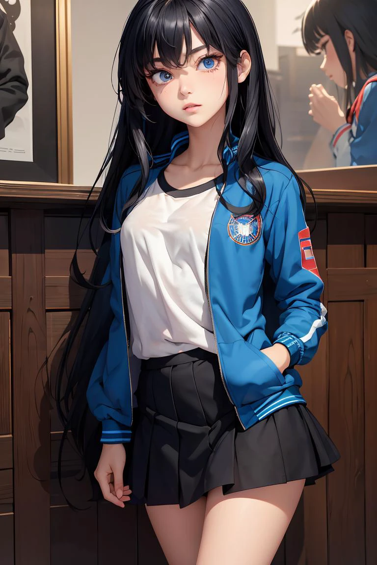(masterpiece, best quality), 1girl, <lora:Marco_-_Marco_and_the_Galaxy_Dragon:1> Marco, black hair, long hair, dot eyes, blue jacket, skirt