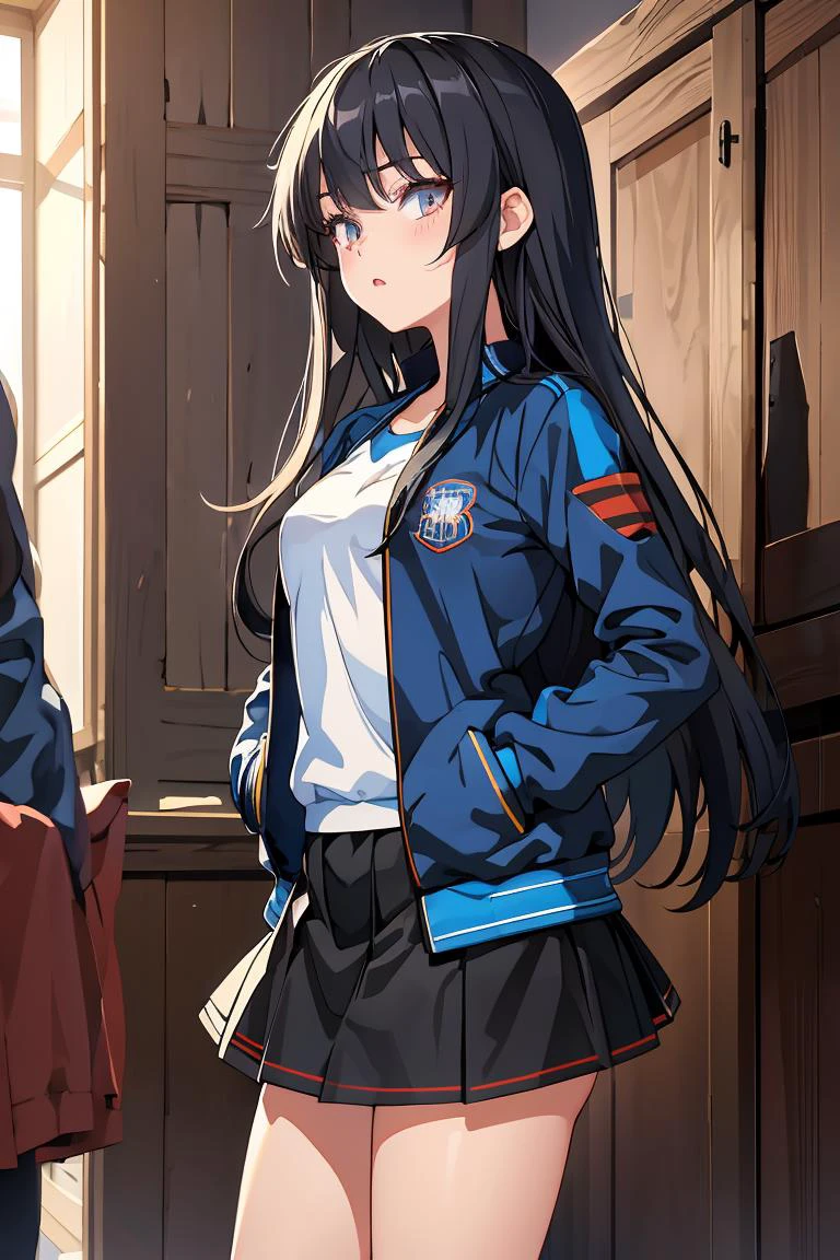 (masterpiece, best quality), 1girl, <lora:Marco_-_Marco_and_the_Galaxy_Dragon:1> Marco, black hair, long hair, dot eyes, blue jacket, skirt