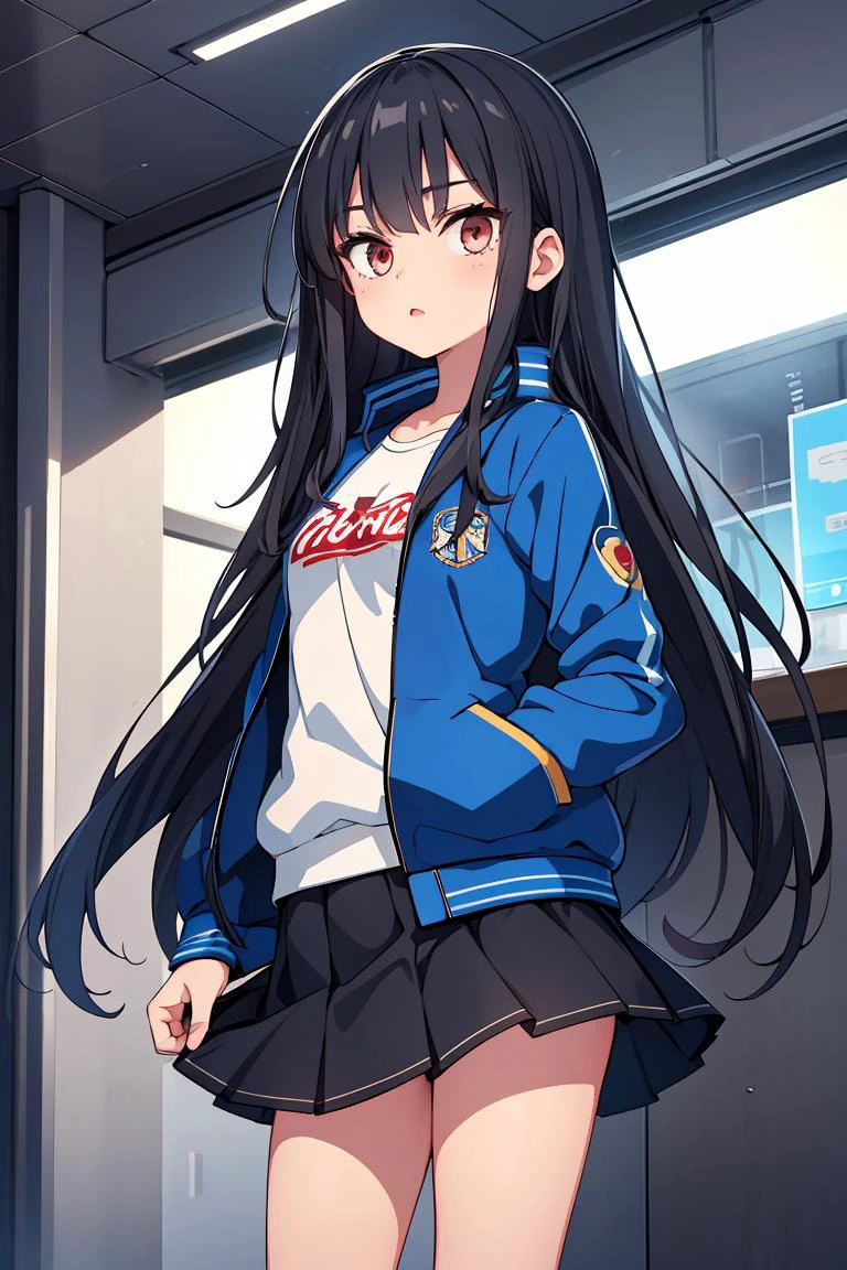 (masterpiece, best quality), 1girl, <lora:Marco_-_Marco_and_the_Galaxy_Dragon:1> Marco, black hair, long hair, dot eyes, blue jacket, skirt