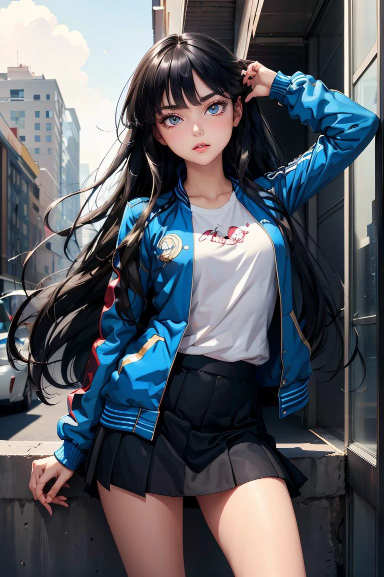 (masterpiece, best quality), 1girl, <lora:Marco_-_Marco_and_the_Galaxy_Dragon:1> Marco, black hair, long hair, dot eyes, blue jacket, skirt