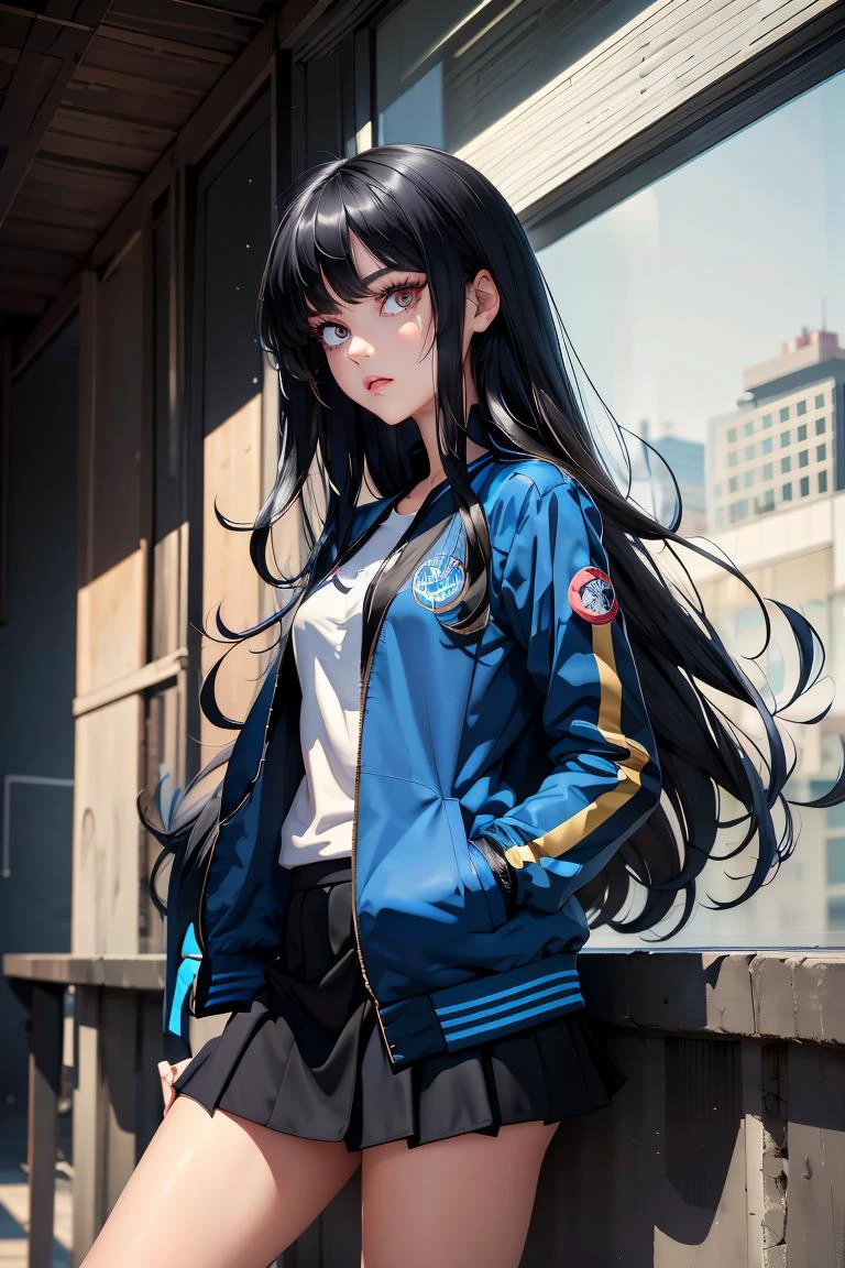 (masterpiece, best quality), 1girl, <lora:Marco_-_Marco_and_the_Galaxy_Dragon:1> Marco, black hair, long hair, dot eyes, blue jacket, skirt