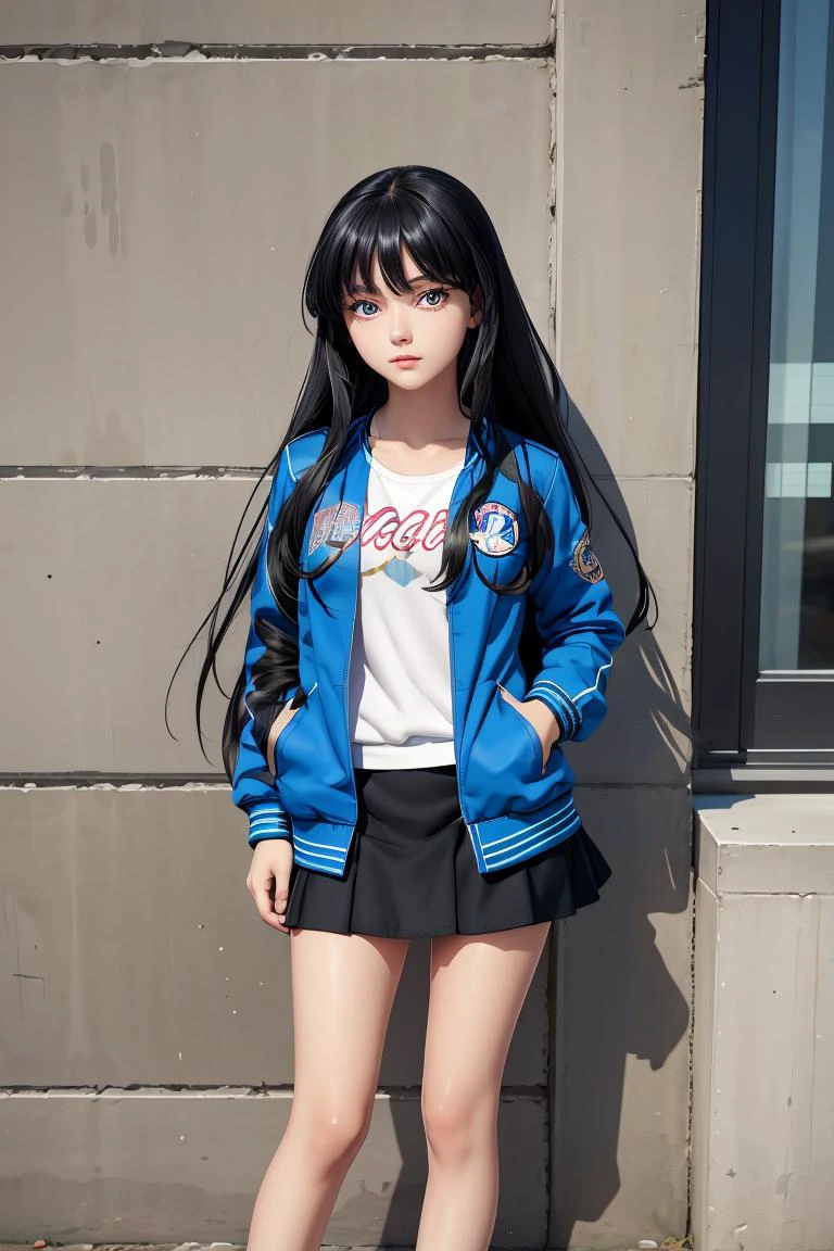(masterpiece, best quality), 1girl, <lora:Marco_-_Marco_and_the_Galaxy_Dragon:1> Marco, black hair, long hair, dot eyes, blue jacket, skirt