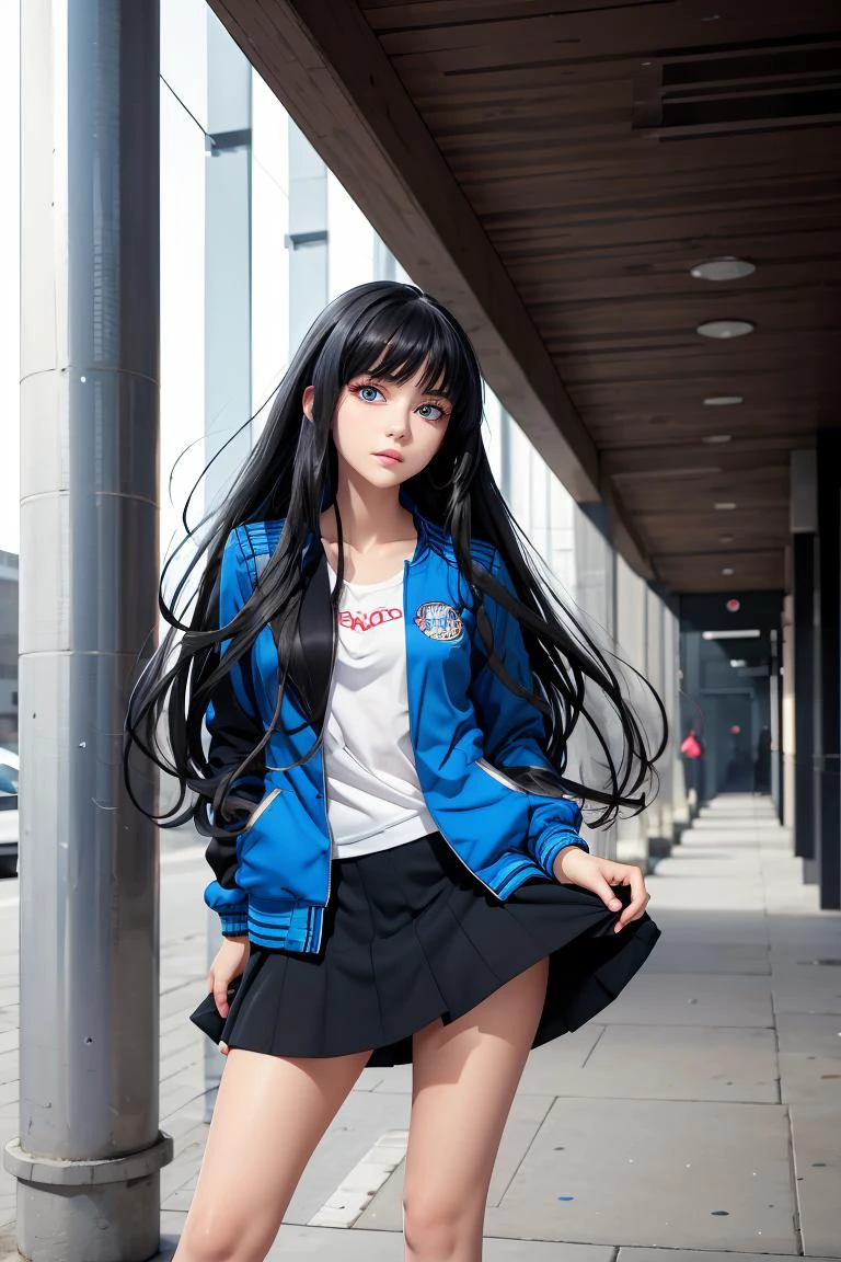 (masterpiece, best quality), 1girl, <lora:Marco_-_Marco_and_the_Galaxy_Dragon:1> Marco, black hair, long hair, dot eyes, blue jacket, skirt