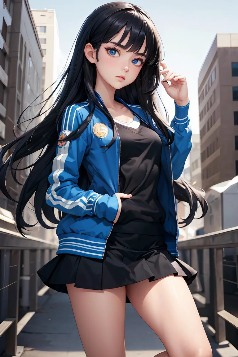 (masterpiece, best quality), 1girl, <lora:Marco_-_Marco_and_the_Galaxy_Dragon:1> Marco, black hair, long hair, dot eyes, blue jacket, skirt