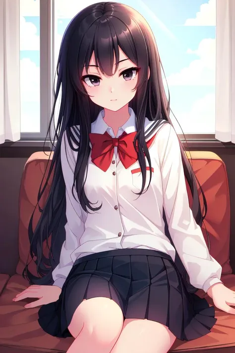 (best quality, masterpiece, hires), <lora:Marco_-_Marco_and_the_Galaxy_Dragon:0.8>, Marco, 1girl, white uniform, school uniform, black hair, long hair, skirt, bow tie, dot eyes, black eyes, <lora:hyperrefiner_v090:0.8>, reclining