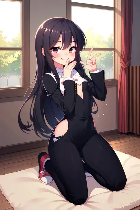 (best quality, masterpiece, hires), <lora:Marco_-_Marco_and_the_Galaxy_Dragon:0.8>, Marco, 1girl, black hair, long hair, ((dot eyes)), [black eyes], <lora:hyperrefiner_v090:0.8>, blush, smile, flat chested, slim,  Kneeling and mimicking blowing kisses, tailored