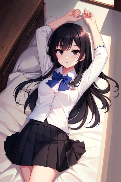 (best quality, masterpiece, hires), <lora:Marco_-_Marco_and_the_Galaxy_Dragon:0.8>, Marco, 1girl, white uniform, school uniform, black hair, long hair, skirt, bow tie, dot eyes, black eyes, <lora:hyperrefiner_v090:0.8>, lying