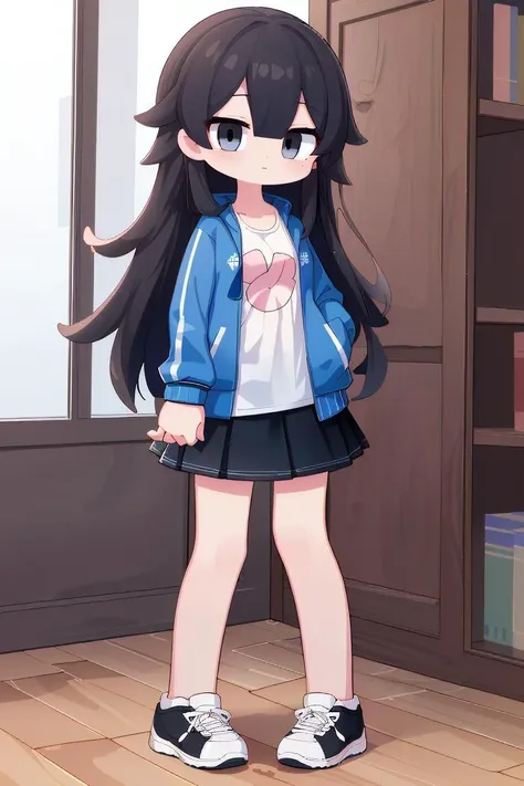 (best quality, masterpiece, hires), <lora:Marco_-_Marco_and_the_Galaxy_Dragon:0.8>, marcotoon, 1girl, blue jacket, black hair, long hair, full body, skirt, white t-shirt, dot eyes, black eyes, <lora:hyperrefiner_v090:0.8>, toon, cartoon