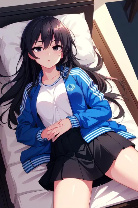 (best quality, masterpiece, hires), <lora:Marco_-_Marco_and_the_Galaxy_Dragon:0.8>, Marco, 1girl, blue jacket, black hair, long hair, skirt, (dot eyes), black eyes, <lora:hyperrefiner_v090:0.8>, lying down