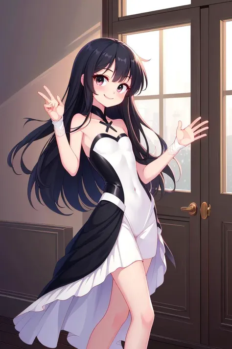 (best quality, masterpiece, hires), <lora:Marco_-_Marco_and_the_Galaxy_Dragon:0.8>, Marco, 1girl, black hair, long hair, ((dot eyes)), [black eyes], <lora:hyperrefiner_v090:0.8>, blush, smile, flat chested, slim,  Pretending to push an invisible object, haute couture garments