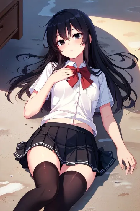 (best quality, masterpiece, hires), <lora:Marco_-_Marco_and_the_Galaxy_Dragon:0.8>, Marco, 1girl, white uniform, school uniform, black hair, long hair, skirt, bow tie, dot eyes, black eyes, <lora:hyperrefiner_v090:0.8>, lying