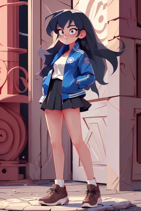 (best quality, masterpiece, hires), <lora:Marco_-_Marco_and_the_Galaxy_Dragon:0.8>, marcotoon, 1girl, blue jacket, black hair, long hair, full body, skirt, white t-shirt, dot eyes, black eyes, <lora:hyperrefiner_v090:0.8>, toon, cartoon