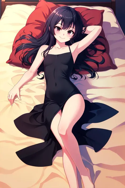 (best quality, masterpiece, hires), <lora:Marco_-_Marco_and_the_Galaxy_Dragon:0.8>, Marco, 1girl, black hair, long hair, ((dot eyes)), [black eyes], <lora:hyperrefiner_v090:0.8>, blush, smile, flat chested, slim,  Lying with arms and legs spread out, luxury fashion