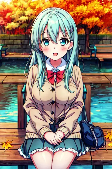 masterpiece, best quality,1girl,ultra detail,<lora:GoodHands-vanilla:0.8> <lora:anmnr01:0.3> <lora:add_detail:0.5> , suzuya_kantaicollection <lora:suzuya_kantaicollection:0.7>,outdoor,autumn leaves,bench,sitting,dutch angle,long_hair, hair_ornament, aqua_hair, hairclip, blush, aqua_eyes, hair_between_eyes, large_breasts,lightbrown knit,brown jacket,open mouth,smile, masterpiece, best quality, highres,1girl,,<lora:GoodHands-vanilla:0.8> <lora:anmnr01:0.3> <lora:add_detail:0.5>