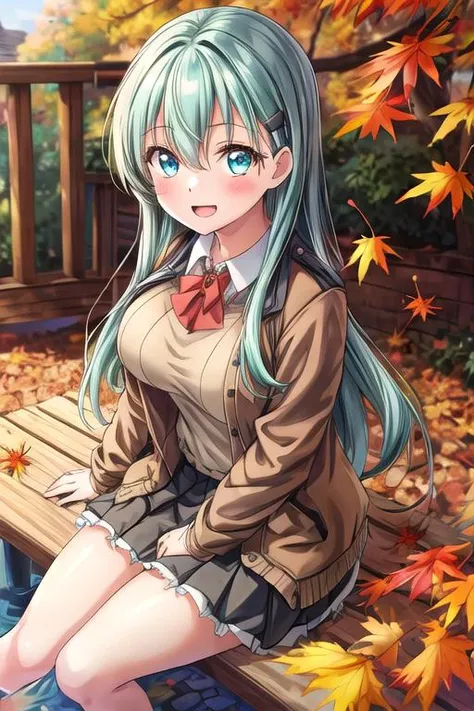 masterpiece, best quality,1girl,ultra detail,<lora:GoodHands-vanilla:0.8> <lora:anmnr01:0.3> <lora:add_detail:0.5> , suzuya_kantaicollection <lora:suzuya_kantaicollection:0.7>,outdoor,autumn leaves,bench,sitting,dutch angle,long_hair, hair_ornament, aqua_hair, hairclip, blush, aqua_eyes, hair_between_eyes, large_breasts,lightbrown knit,brown jacket,open mouth,smile, masterpiece, best quality, highres,1girl,,<lora:GoodHands-vanilla:0.8> <lora:anmnr01:0.3> <lora:add_detail:0.5>