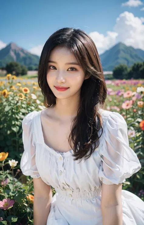 yeonwoo,1girl, dynamic angle, cloud and mountain, (flower field:1.4) in the foreground, white dress, light tracing, (floating colorful wind:1)
(photorealistic:1.4), official art, unity 8k wallpaper, ultra detailed, beautiful and aesthetic, masterpiece,best quality, glowing skin, cinematic lighting, light smile,<lora:yeonwoo-byhighwizardV1ver:1>