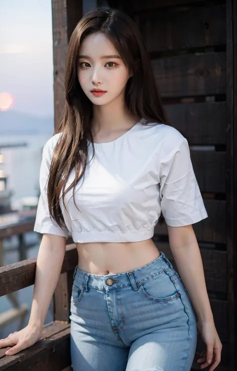 yeonwoo,woman,Nikon RAW photo,8 k,Fujifilm XT3,(long hair:1.2),(brown hair:1.5),(cowboy shot:1.2), portrait photo,octane render, 35mm, bokeh, 9:16, (intricate details:1.12), hdr, (intricate details, hyperdetailed:1.15), realistic, (natural skin texture, hyperrealism, soft light, sharp:1.2), masterpiece, best quality, realistic, photorealistic,ultra detailed,perfect lighting, slim,slender,beautiful sky, (white crop top,short sexy jeans:1.2), ootd,(fashionista), surrounded around by a sea of flower, (golden hour), (sunset), <lora:yeonwoo-byhighwizardV1ver:1>