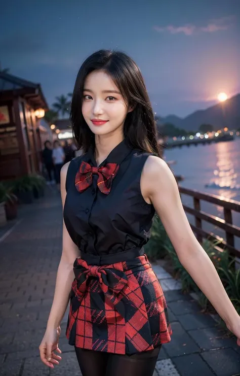 yeonwoo,Best quality, masterpiece, ultra high res, raw photo, beautiful and aesthetic,deep shadow, dark theme,(photorealistic:1.4),
(1girl, dynamic pose, windy, young beauty, ((pantyhose, plaid skirt, sleeveless shirt, tie bow))), beach, sunset, portrait,
Graceful poise, evocative atmosphere, magnetic presence, refined seduction, captivating mystique,
Intricate zentangle patterns, astonishing level of detail, generously endowed,striking perspective, a chaotic masterpiece, gracefully poised, inspired by Utopian architecture, vibrant color palette, undertones,
outdoors,<lora:yeonwoo-byhighwizardV1ver:1>