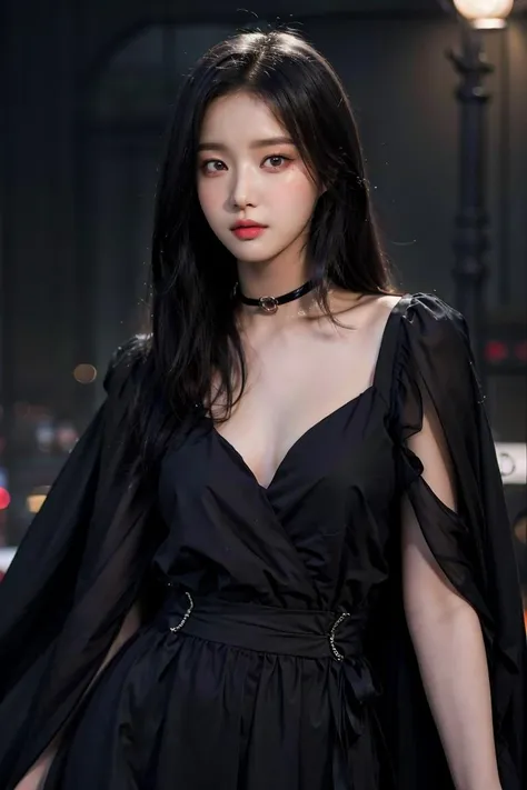 yeonwoo,1girl, messy hair, looking at viewer, black cloak, beautiful breasts, night, dark theme, spotlight, waist up, choker
<lora:yeonwoo-byhighwizardV1ver:1>