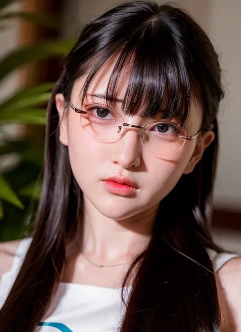 best quality, ultra high res, photorealistic, realistic, 1girl, solo, glasses, long hair, realistic, looking at viewer, black eyes, bangs, black hair, lips, brown hair, portrait, closed mouth, blunt bangs