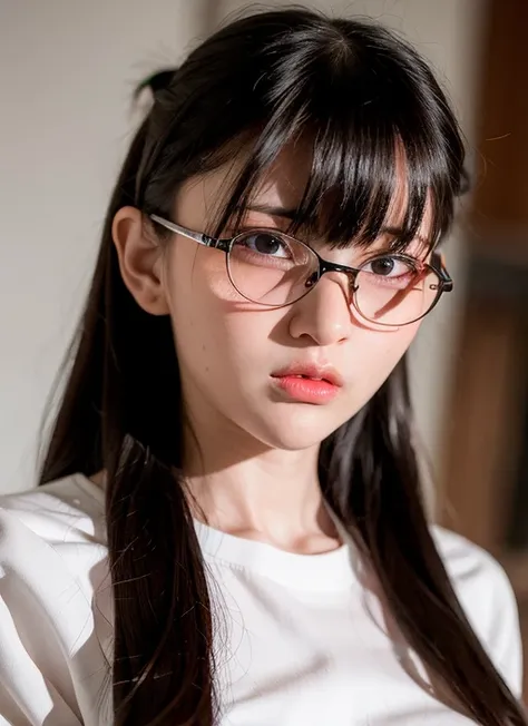 best quality, ultra high res, photorealistic, realistic, 1girl, solo, glasses, long hair, realistic, looking at viewer, black eyes, bangs, black hair, lips, brown hair, portrait, closed mouth, blunt bangs