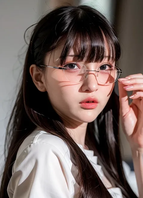 best quality, ultra high res, photorealistic, realistic, 1girl, solo, glasses, long hair, realistic, looking at viewer, black eyes, bangs, black hair, lips, brown hair, portrait, closed mouth, blunt bangs