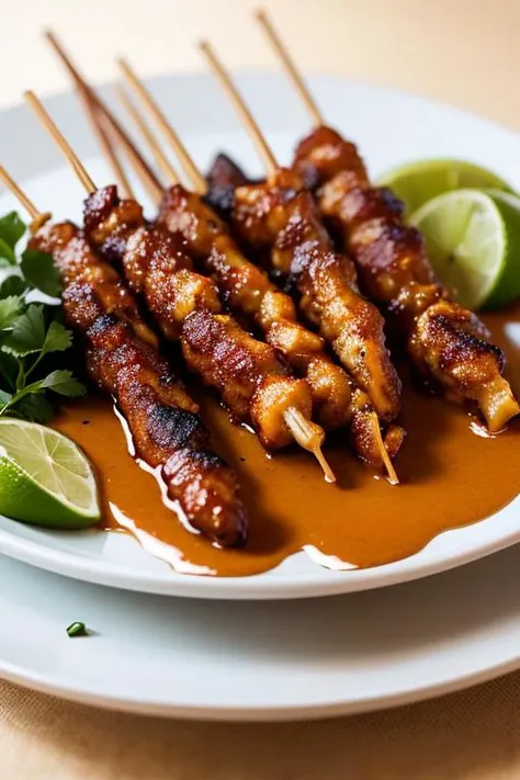 plate sateayam sticks food with peanut sauce, chili, lime, dim light, rim lighting, photography, soft focus, blurry background, banana leaf, <lora:ARWSateAyam:1>