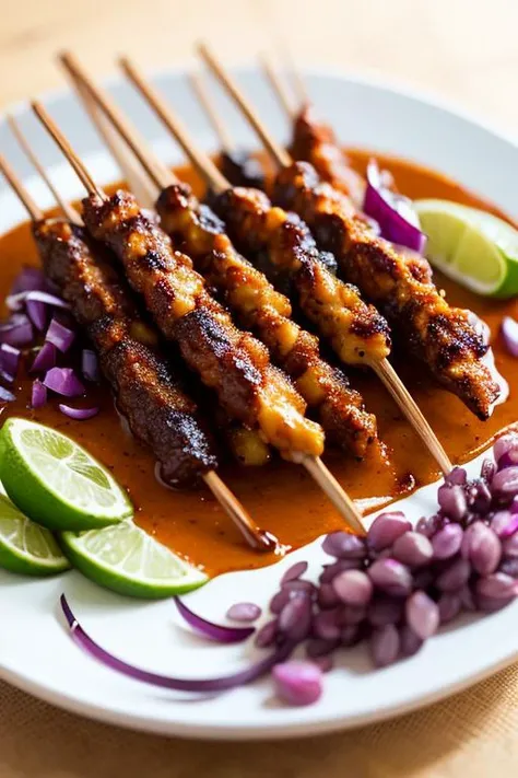 plate sateayam sticks food with peanut sauce, chili slices, red onion slieces, lime, dim light, rim lighting, photography, soft focus, blurry background, banana leaf, <lora:ARWSateAyam:1>