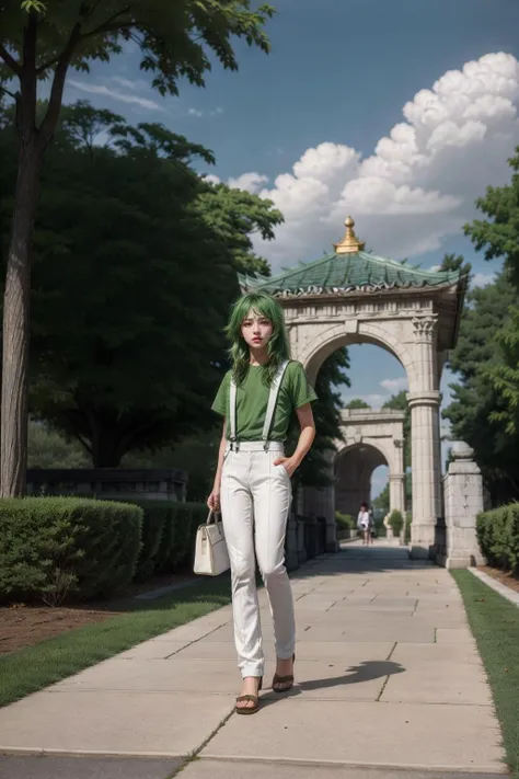 1 beauty girl, Shun casual clothes <lora:Shun casual clothes_V2:0.7>,((green hair)) ,((SOLO)),suspenders:1.2,white pants,green short sleeve shirt,
(MASTERPIECE:1.2),((Hyper realistic:1.2)),(POST PROCESSING:1.3),(SHARP FOCUS:1.2),((slender:1.2)),BREAK
,((Full BODY:1.5)) ,
, architecture, autumn, autumn leaves, bare tree, blue sky,chain-link fence, cloud, day, east asian architecture, falling leaves, fence, forest, gate, geta, ginkgo leaf, grapes,lamppost, leaf, leaf background, leaves in wind, maple leaf, mountain, orange flower, orange sky, outdoors, pagoda, painting, potted plant, real world location,rock, scenery, ancient greek temple, sky, spoken anger vein, stone lantern, sunset, tower, tree,best lighting,(EOS R8,50mm,F1.2,8K,RAW photo:1.2) ,best quality,BREAK
best lighting,(EOS R8,50mm,F1.2,8K,RAW photo:1.2),best quality,BREAK
<lora:epiNoiseoffset_v2:1> <lora:more_details:0.6>