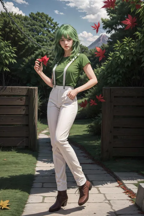 1 beauty girl, <lora:Shun casual clothes_V2:0.75>,((green  hair)) ,((SOLO)),suspenders,white pants,green short sleeve shirt,
(MASTERPIECE:1.2),((Hyper realistic:1.2)),(POST PROCESSING:1.3),(SHARP FOCUS:1.2),((slender:1.2)),((FULL BODY:1.5)),BREAK
architecture,autumn leaves, bare tree, blue sky,chain-link fence, cloud, day, east asian architecture, falling leaves, fence, forest, ((red leaf background:1.4)), mountain, outdoors,real world location, scenery, shrine, sky, 
best lighting,(EOS R8,50mm,F1.2,8K,RAW photo:1.2),best quality,BREAK
<lora:epiNoiseoffset_v2:1>   <lora:more_details:0.4>