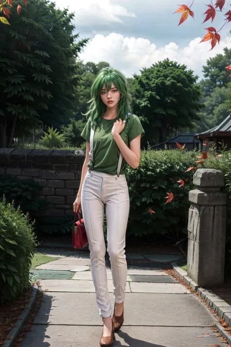 1 beauty girl, <lora:Shun casual clothes_V2:0.85>,((green  hair)) ,((SOLO)),suspenders,white pants,green short sleeve shirt,
(MASTERPIECE:1.2),((Hyper realistic:1.2)),(POST PROCESSING:1.3),(SHARP FOCUS:1.2),((slender:1.2)),((FULL BODY:1.5)),BREAK
architecture, autumn, autumn leaves, bare tree, blue sky,chain-link fence, cloud, day, east asian architecture, falling leaves, fence, forest, ((red leaf background:1.4)), mountain, orange sky, outdoors,real world location, scenery, shrine, sky, stone lantern, sunset,tree,
best lighting,(EOS R8,50mm,F1.2,8K,RAW photo:1.2),best quality,BREAK
<lora:epiNoiseoffset_v2:1>   <lora:more_details:0.4>