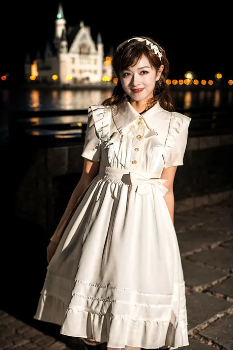realistic,photorealistic,masterpiece,best quality,1girl,wanqian,solo,standing in castle,night,looking at viewer,smile,white frilled hairband,maid_dress,short dress,<lora:maid_dress_v1:0.75>,<lora:wanqianV377:0.8>,