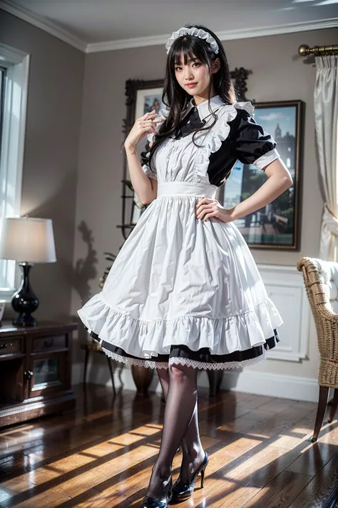 (realistic:1.3), finely detailed, quality, rembrandt lighting, (masterpiece:1.2), (photorealistic:1.2), (best quality), (detailed skin:1.3), (intricate details), dramatic, ray tracing, 1girl, japanese girl, 21 years old, detailed skin texture, (blush:0.5), (goosebumps:0.5), subsurface scattering, smiling, medium breasts, short hair curls, bangs, hair between eyes, maid attire, black pantyhose, high heels, (one leg bent, foot raised backwards, cute pose:1.3), cowboy shot, from side, (bright sunny day, aristocrat mansion, living room), <lora:maid_attire_v2:0.65>